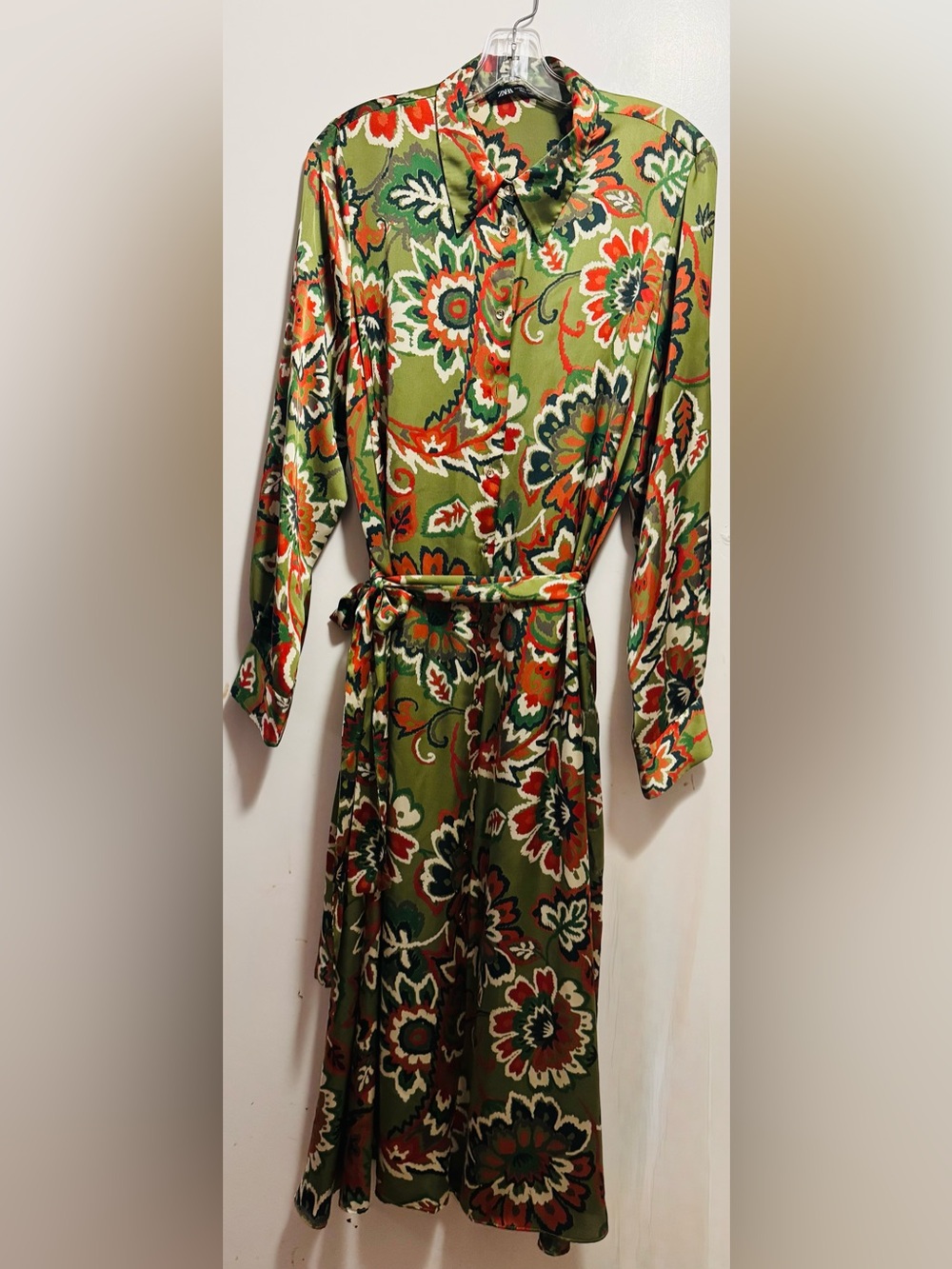 Zara Olive Green Flowy Satiny Floral Long-Sleeve Dress with Tie Belt - Size XXL.